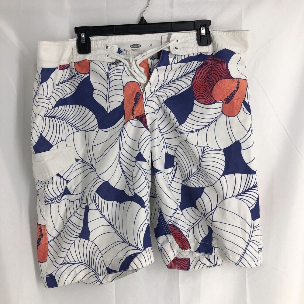 Old Navy Swim Shorts Men's Size Large White Blue Coral Floral Drawstring